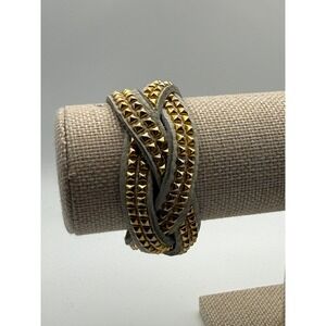 King Star OS Gray Leather Studded Braided Wrap Bracelet Gold Pyramid Studs Cuff